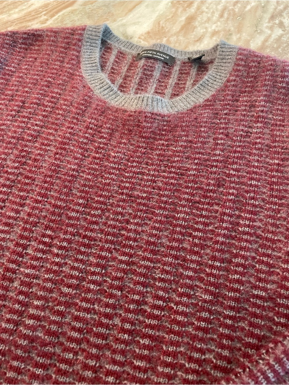 Saks Fifth Avenue Cashmere Sweater Maroon and Grey Striped Mens XL Crewneck - Picture 2 of 12